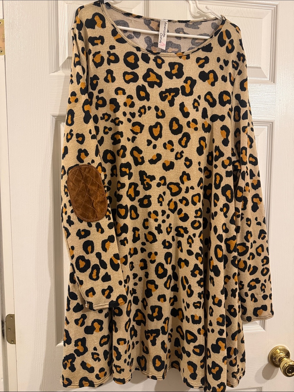 Leopard Print Long Sleeve Dress with Brown Elbow Patches